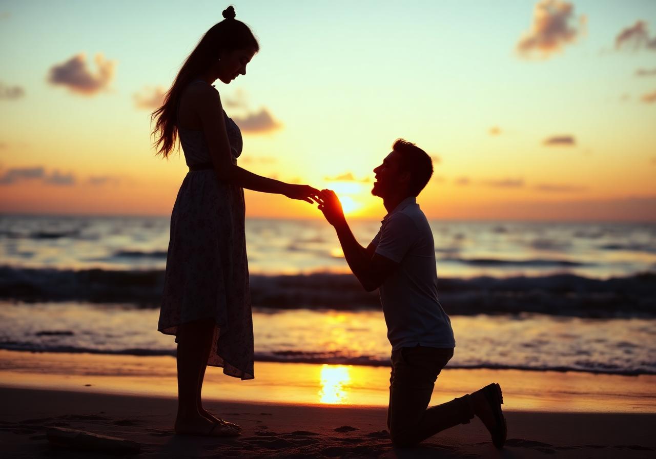 Couple proposal at the beach at sunset